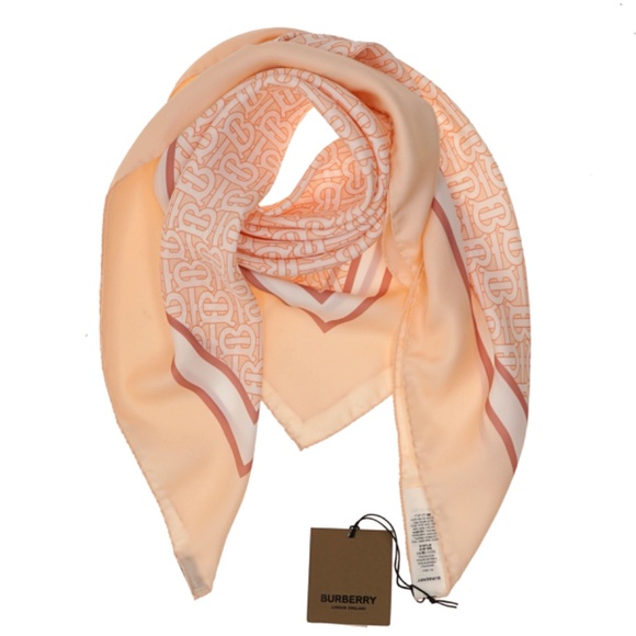 Burberry Silk Square Scarf Alabaster Pink Monogram Print New - Picture 2 of 4